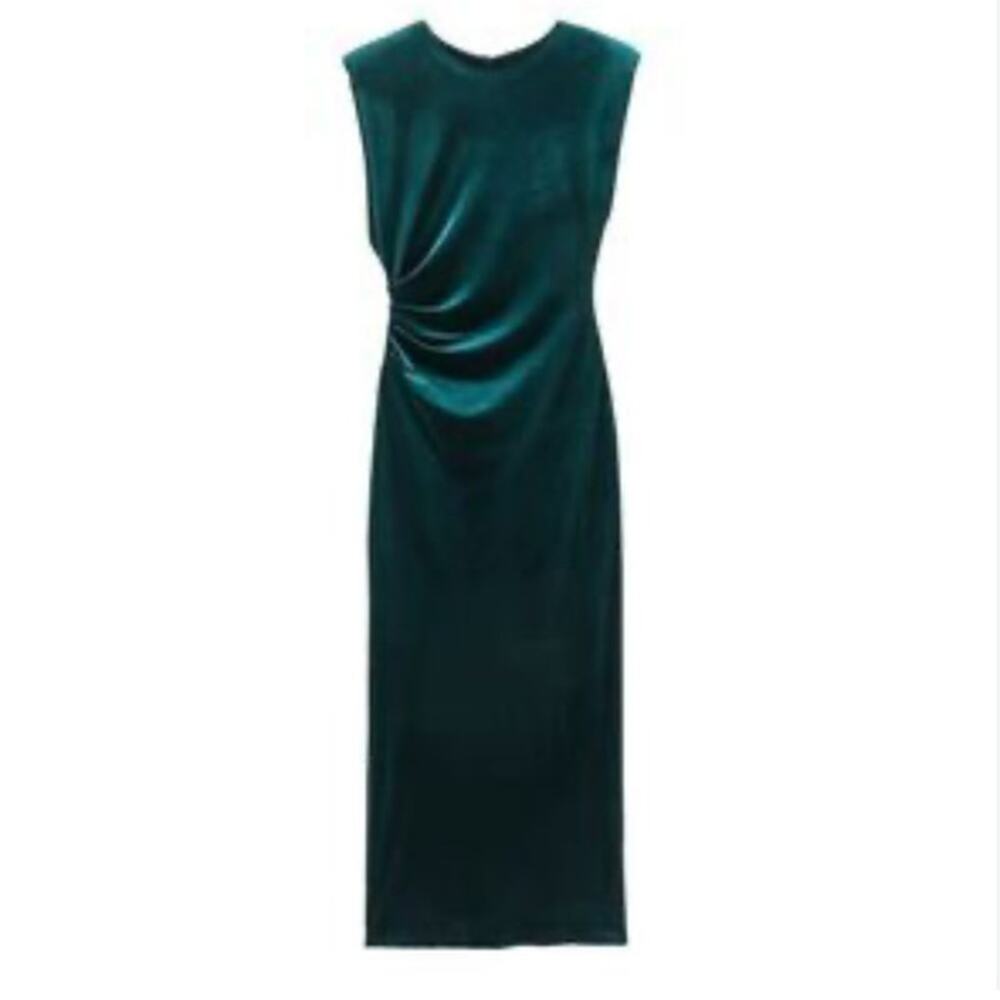 Zara Velvet Deep Sea Green Sleeveless Draped Crewneck Slit Back Midi Dress MED